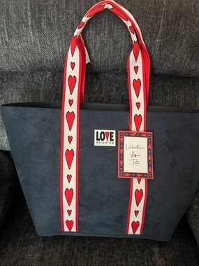 Brighton Navy Velvetine Tote with Red Heart Straps. NWT